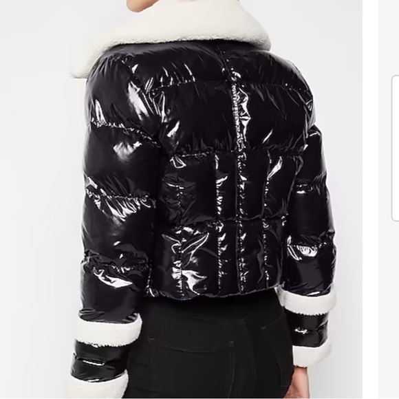 Express Small Black and White Shearling Trim Puffer Jacket - Picture 9 of 9